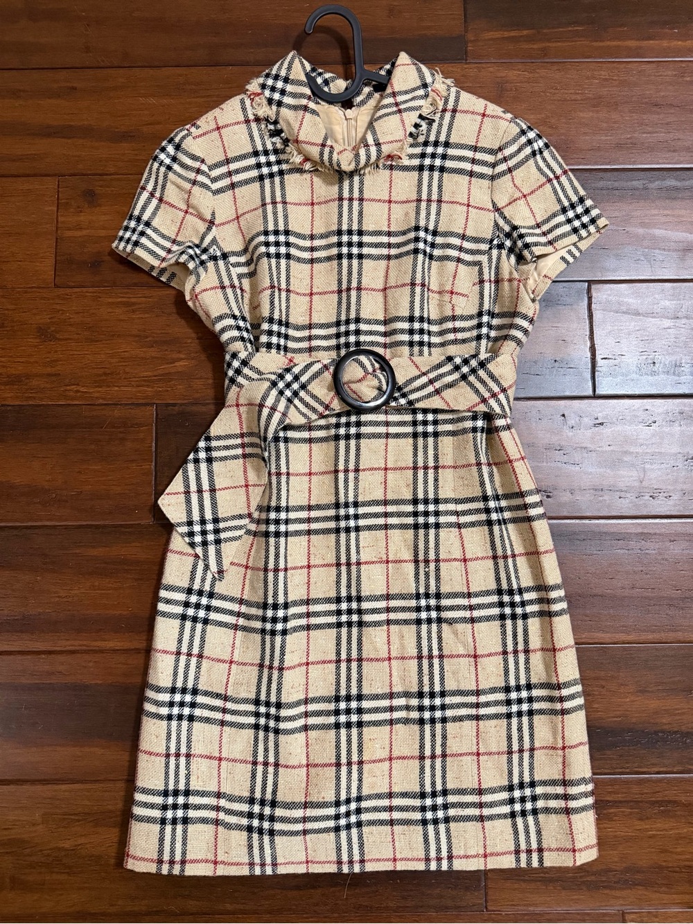 Plaid Short Sleeve Belted Dress in Beige